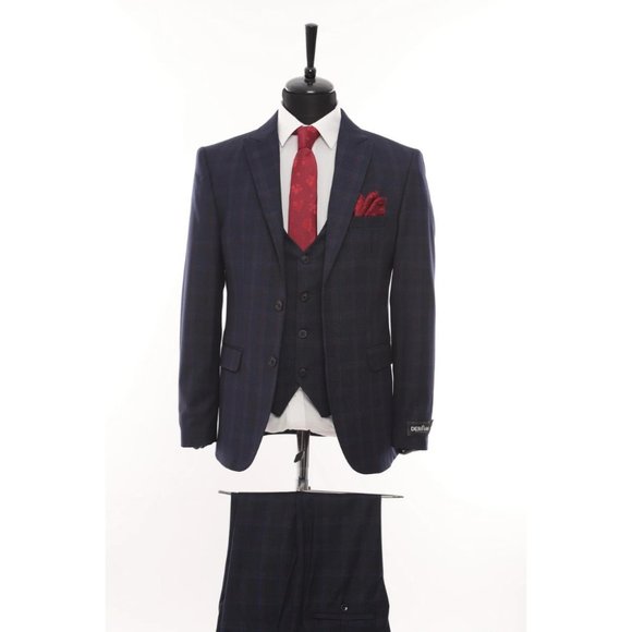 Derman Darkblue Square Patterned Fabric 3 Piece Suit - Picture 1 of 6
